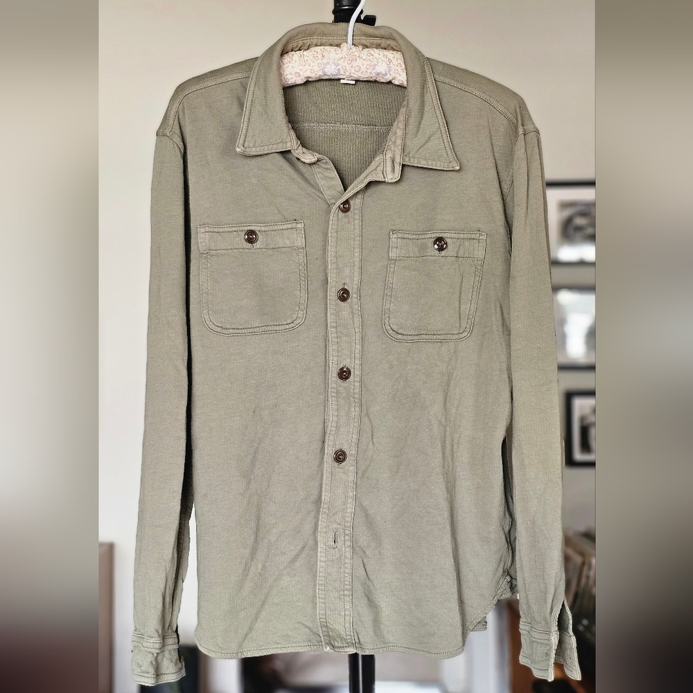 J. Crew Men's Military Style Green Waffle Knit Button Down Shirt